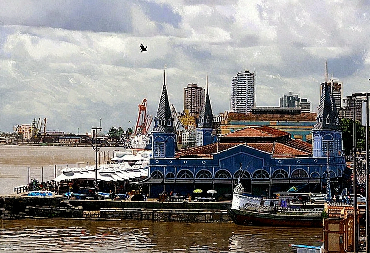 Please create a highly detailed pixel art of the Ver-o-Peso Market in Belém do Pará, Brazil. The artwork should capture the vibrant atmosphere and unique architecture of the market. Include the colorful stalls, the bustling activity of vendors and shoppers, and key architectural features such as the iron structures and the clock tower. Incorporate elements like the fresh produce, local crafts, and traditional foods being sold. Use a color palette that reflects the lively and diverse spirit of the market, including vibrant colors for the stalls, earthy tones for the structures, and shades of green and blue to represent the surrounding environment. Attention to small details is essential to bring the market to life in the pixel art.
