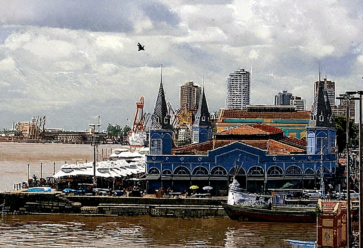 Please create a highly detailed pixel art of the Ver-o-Peso Market in Belém do Pará, Brazil. The artwork should capture the vibrant atmosphere and unique architecture of the market. Include the colorful stalls, the bustling activity of vendors and shoppers, and key architectural features such as the iron structures and the clock tower. Incorporate elements like the fresh produce, local crafts, and traditional foods being sold. Use a color palette that reflects the lively and diverse spirit of the market, including vibrant colors for the stalls, earthy tones for the structures, and shades of green and blue to represent the surrounding environment. Attention to small details is essential to bring the market to life in the pixel art.

