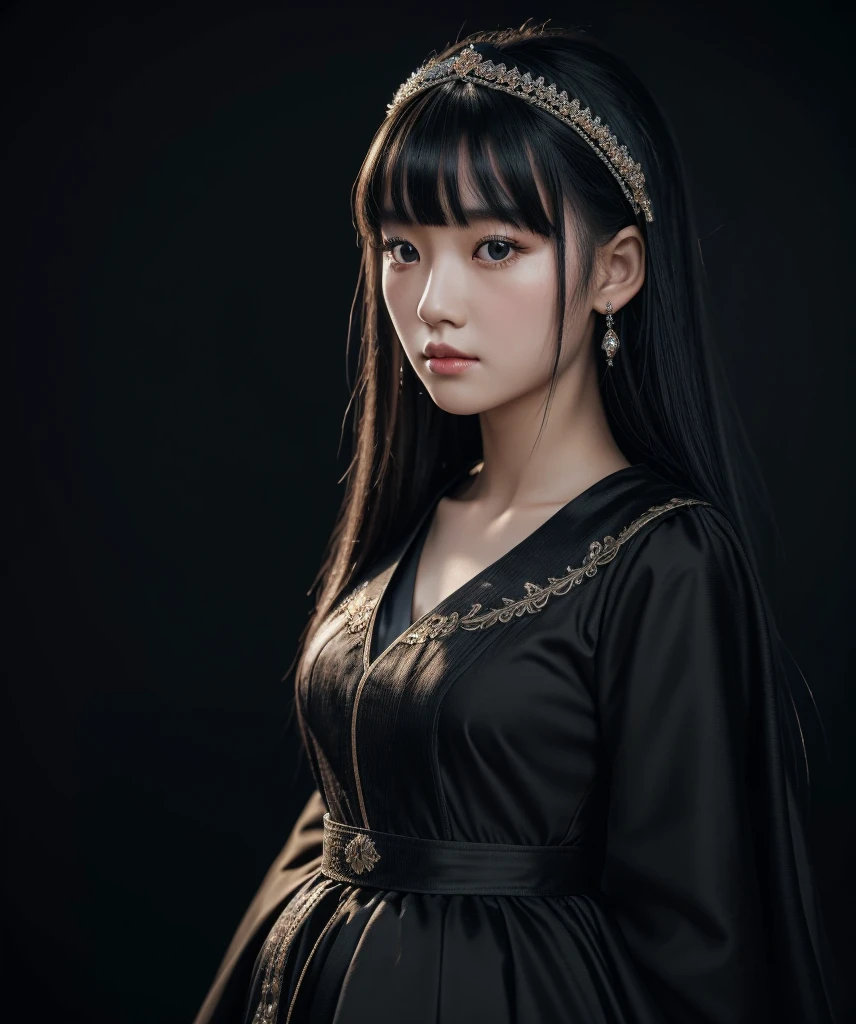 a mongolian princess girl,bangs black hair,standing,looking at to the viewer,(Very Detailed: 1.3),ultra realistic,HDR,(High Dynamic Range),8K RAW,(((1GIRL))),(((wearing black gown))),sad face,(((black background))),masterpiece,best quality