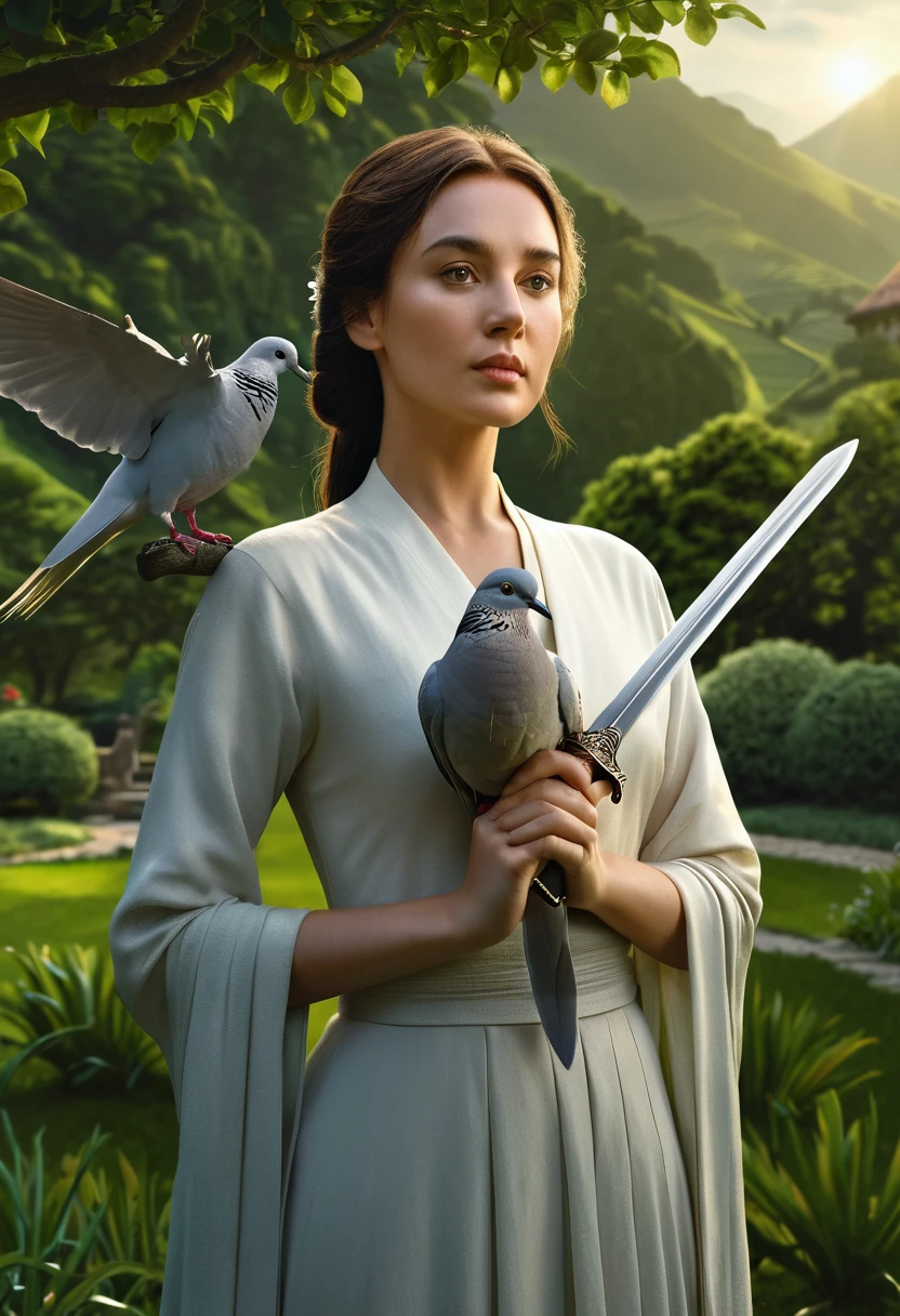 a woman holding a sword in her hand, a dove sitting on her hand, lush green landscape, highly symmetrical, (best quality,4k,8k,highres,masterpiece:1.2),ultra-detailed,(realistic,photorealistic,photo-realistic:1.37),detailed face and eyes, elegant pose, peaceful expression, dramatic lighting, serene atmosphere, natural setting, cinematic composition