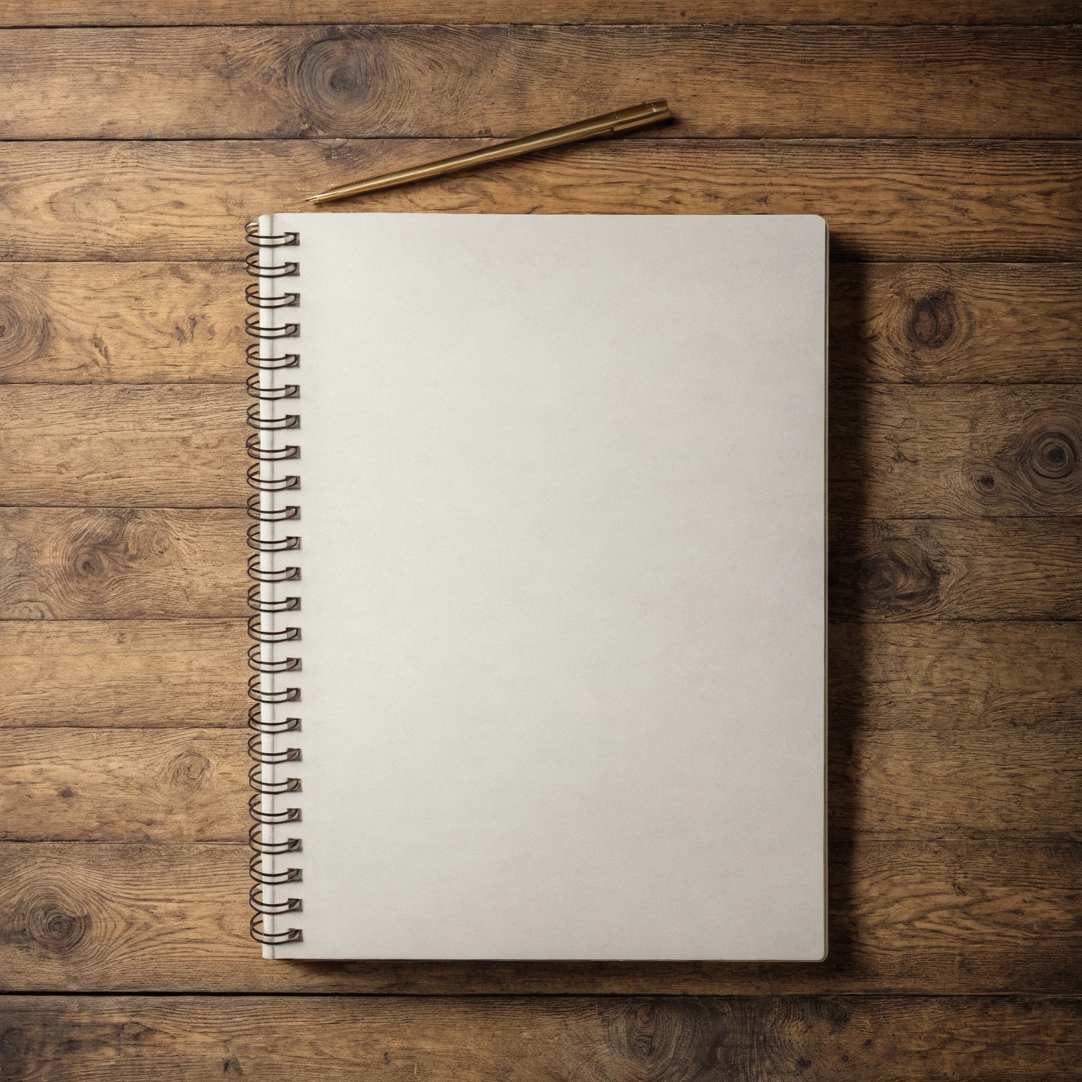 Mockup empty, a blank, white, empty spiral notebook standing on a vintage wooden desk, rustic cottage interior in the background