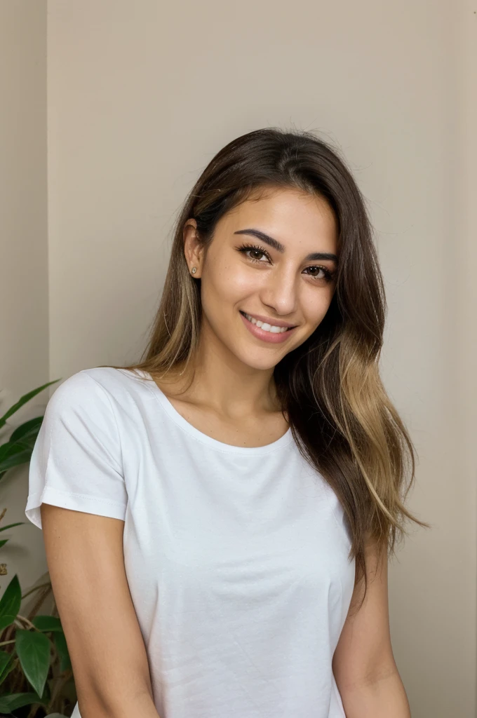 24YO,one attractive Jordanian women, light neon shirt, cute smile, cute face, white teethes, skinny face, light brown eyes, small nose, black/blonde long hair