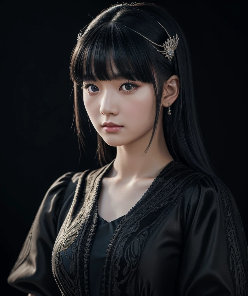 a mongolian princess girl,bangs black hair,standing,looking at to the viewer,(Very Detailed: 1.3),ultra realistic,HDR,(High Dynamic Range),8K RAW,(((1GIRL))),(((wearing black gown))),sad face,(((black background))),masterpiece,best quality