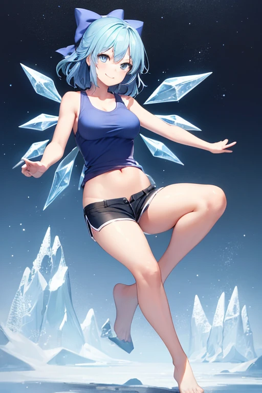 1girl, Touhou, Cirno, blue eyes, Blue hair, smiling expresion, playful, cute, dancing, ice land background, frozen frogs, full body, wide shot, blue female tank top, blue female shorts, blue female arm wear cloth, medium size breasts