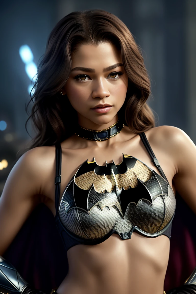 photo of zendaya a woman as a movie star, modelshoot style, (extremely detailed CG unity 8k wallpaper), Intricate, High Detail, Sharp focus, dramatic,photorealistic painting art by midjourney and greg rutkowski , (waist chain), ((Avengers in the background)), (looking at viewer), (detailed pupils:1.2), (Batman bra:1.3) , face only , dimly lit