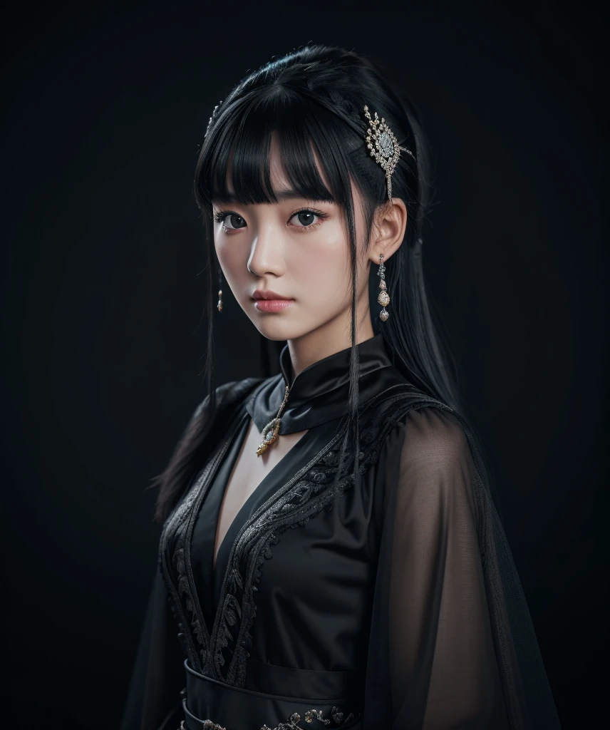 a mongolian princess girl,bangs black hair,standing,looking at to the viewer,(Very Detailed: 1.3),ultra realistic,HDR,(High Dynamic Range),8K RAW,(((1GIRL))),(((wearing black gown))),sad face,(((black background))),masterpiece,best quality