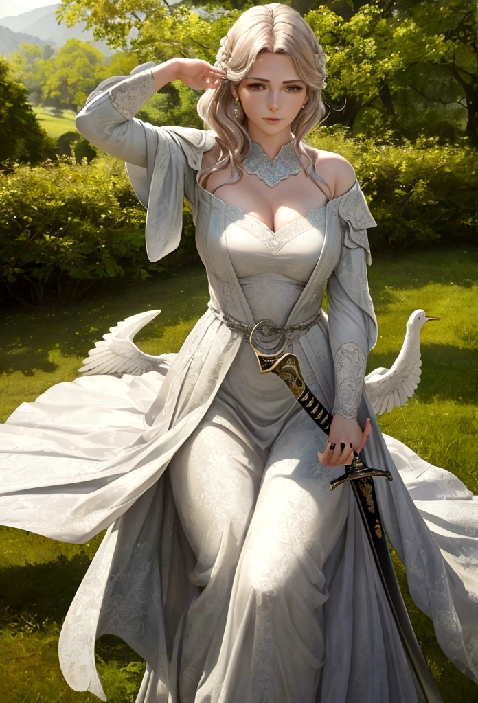 a woman holding a sword in her hand, a dove sitting on her hand, lush green landscape, highly symmetrical, (best quality,4k,8k,highres,masterpiece:1.2),ultra-detailed,(realistic,photorealistic,photo-realistic:1.37),detailed face and eyes, elegant pose, peaceful expression, dramatic lighting, serene atmosphere, natural setting, cinematic composition