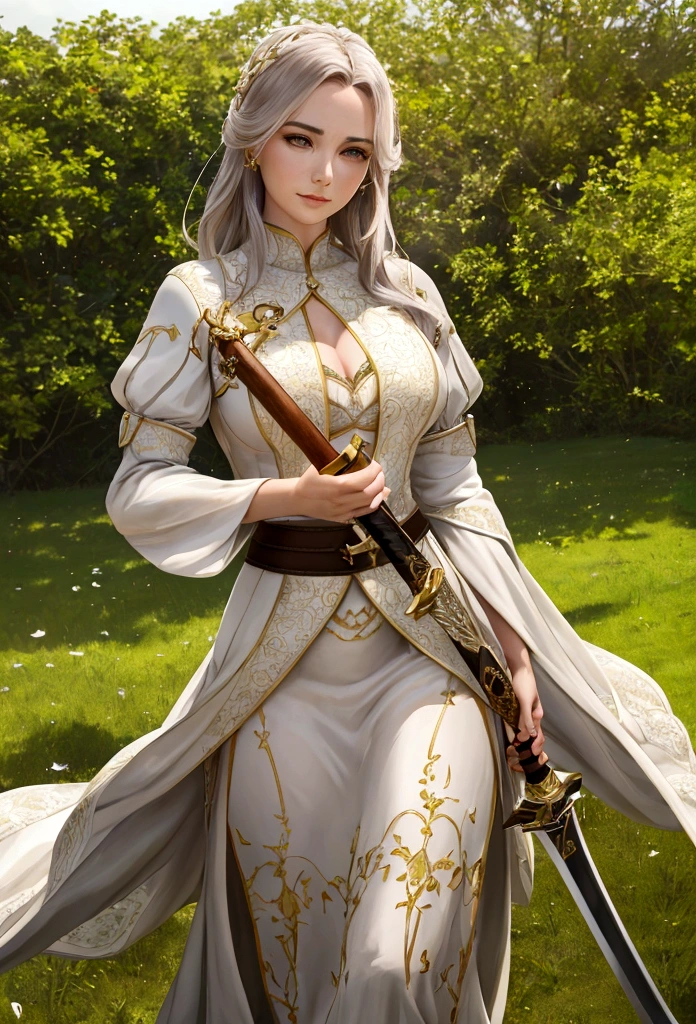 a woman holding a sword in her hand, a dove sitting on her hand, lush green landscape, highly symmetrical, (best quality,4k,8k,highres,masterpiece:1.2),ultra-detailed,(realistic,photorealistic,photo-realistic:1.37),detailed face and eyes, elegant pose, peaceful expression, dramatic lighting, serene atmosphere, natural setting, cinematic composition