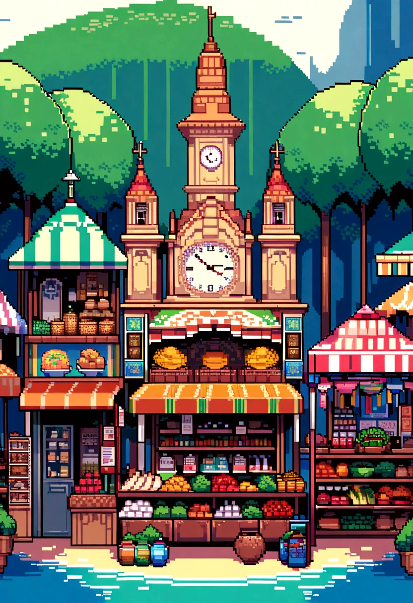 Please create a highly detailed pixel art of the Ver-o-Peso Market in Belém do Pará, Brazil. The artwork should capture the vibrant atmosphere and unique architecture of the market. Include the colorful stalls, the bustling activity of vendors and shoppers, and key architectural features such as the iron structures and the clock tower. Incorporate elements like the fresh produce, local crafts, and traditional foods being sold. Use a color palette that reflects the lively and diverse spirit of the market, including vibrant colors for the stalls, earthy tones for the structures, and shades of green and blue to represent the surrounding environment. Attention to small details is essential to bring the market to life in the pixel art.
