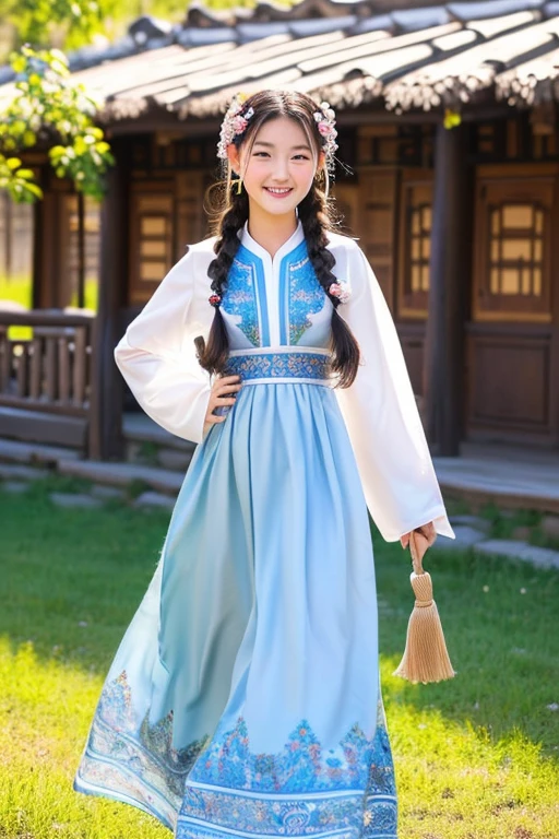 (((masterpiece, real, live, realistic, natural, best quality, original))) teenage girl, 14 years old, ((mongolian girl)) ((beautiful, innocent, cute, graceful, enchanting, beautiful)) long braided hair , ((wearing traditional Mogolian clothes)), smiling, pampered, walking in the yard of a traditional Mongolian house, ((Mongolian village atmosphere)).