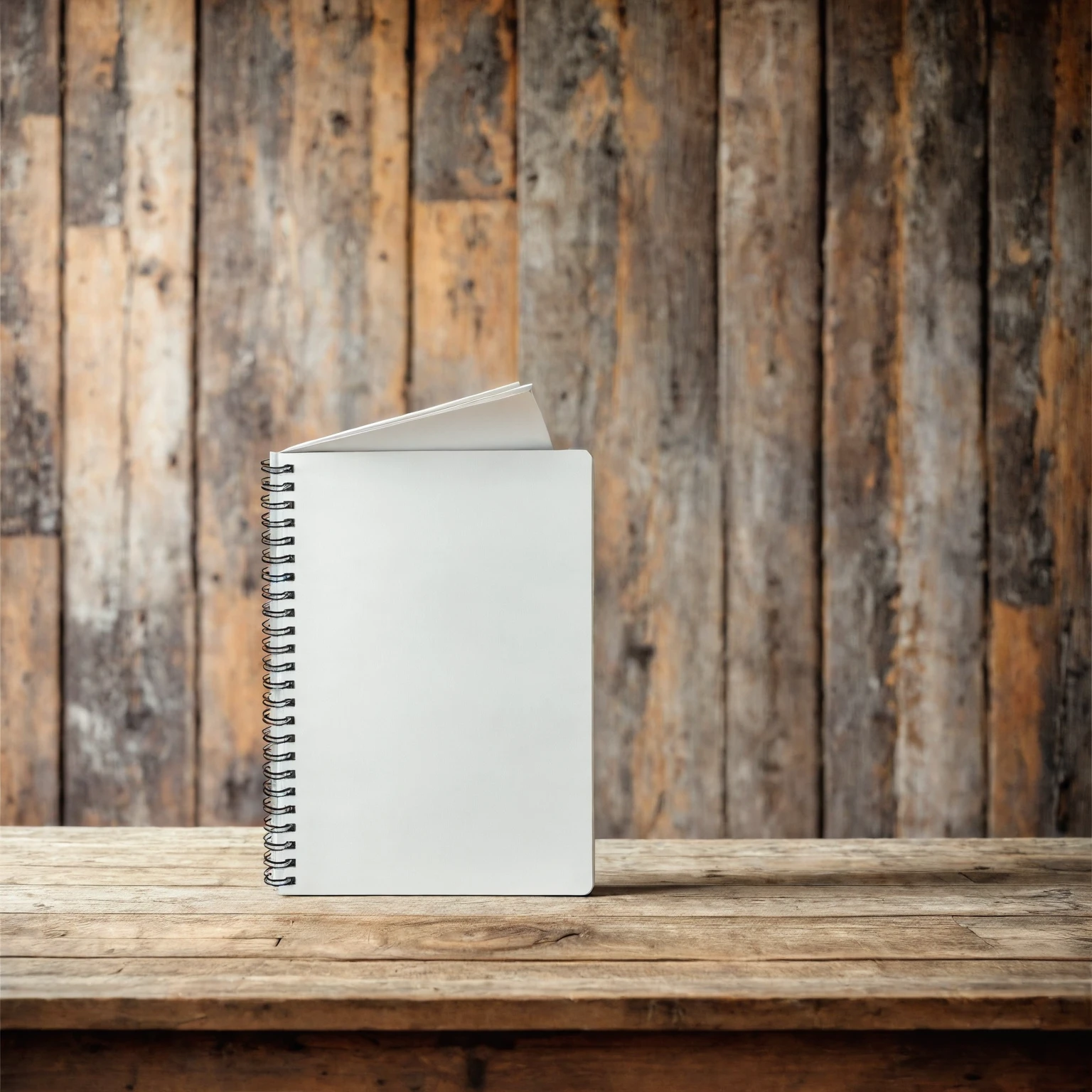 Mockup empty, a blank, white, empty spiral notebook standing on a vintage wooden desk, rustic cottage interior in defocused background