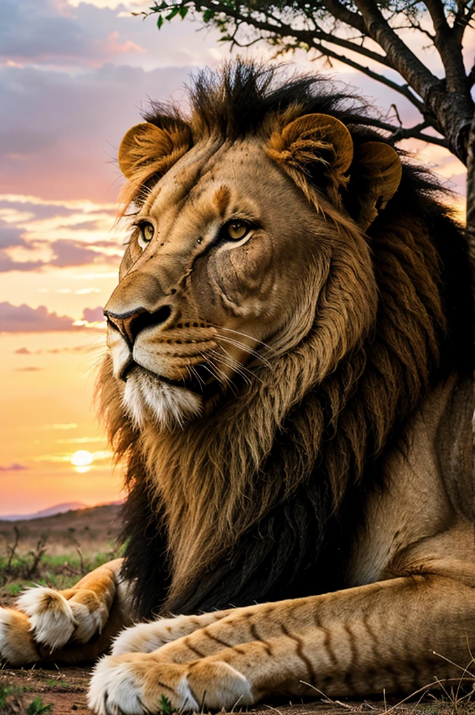 "A majestic lion resting in the savannah during sunset."