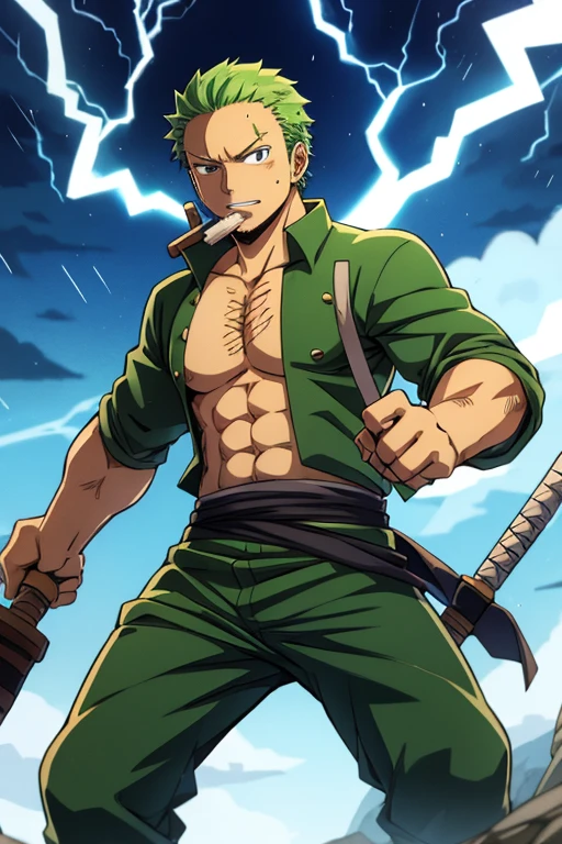 niji mode.  Zoro one piece, with Thor's outfit and thunder, with three hammers instead of swords, a hammer in his left hand, another in his right hand and another in his mouth.  Old anime style.  no swords.