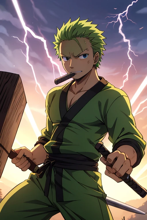 niji mode. Zoro one piece, with Thor's outfit and thunder, with three hammers instead of swords, a hammer in his left hand, another in his right hand and another in his mouth. Old anime style. no swords.