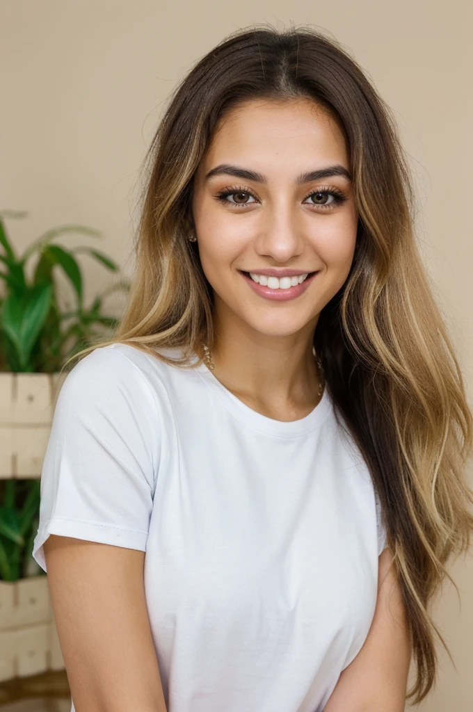 24YO,one attractive Jordanian women, light neon shirt, cute smile, cute face, white teethes, skinny face, light brown eyes, small nose, black/blonde long hair