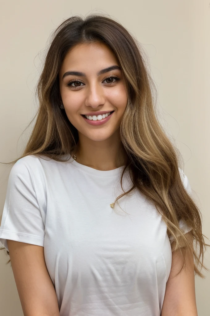24YO,one attractive Jordanian women, light neon shirt, cute smile, cute face, white teethes, skinny face, light brown eyes, small nose, black/blonde long hair
