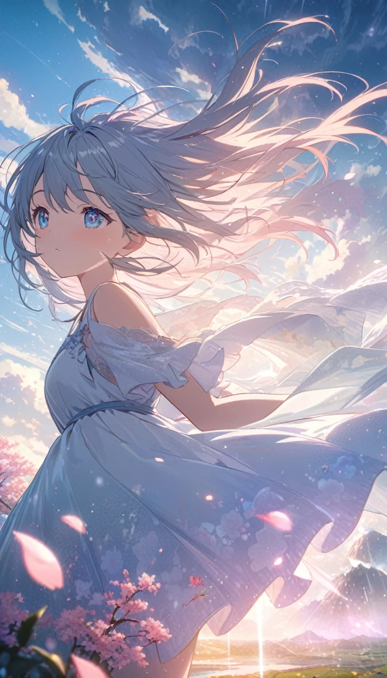 best quality,4k,8k,highres,masterpiece:1.2,ultra-detailed,(ultra-fine painting:1.1),(sharp focus:1.1),,(extreme detail description:1.1),(professional:1.1),vivid colors,bokeh,portraits,landscape,anime,weathering with you,fantasy world,magical atmosphere,ethereal lighting,soft pastel colors,enchanting scenery,floating islands,sunlight streaming through clouds,shimmering water surface,wind-blown hair,detailed clouds and sky,expressive eyes,glowing stars in the background,sakura blossoms in the air,falling petals,beautiful raindrops,misty rain-filled air,dynamic perspective,serene emotions,tranquil mood anime girls