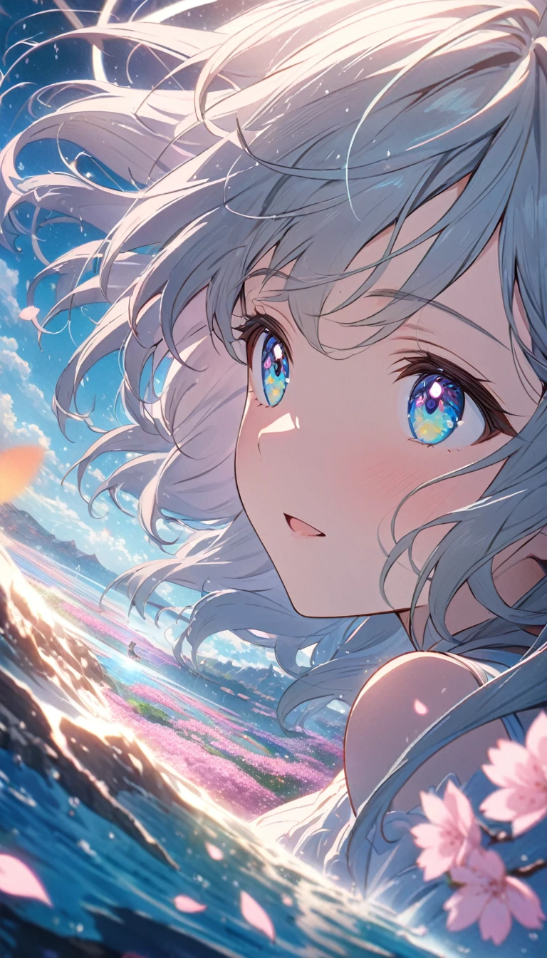 best quality,4k,8k,highres,masterpiece:1.2,ultra-detailed,(ultra-fine painting:1.1),(sharp focus:1.1),,(extreme detail description:1.1),(professional:1.1),vivid colors,bokeh,portraits,landscape,anime,weathering with you,fantasy world,magical atmosphere,ethereal lighting,soft pastel colors,enchanting scenery,floating islands,sunlight streaming through clouds,shimmering water surface,wind-blown hair,detailed clouds and sky,expressive eyes,glowing stars in the background,sakura blossoms in the air,falling petals,beautiful raindrops,misty rain-filled air,dynamic perspective,serene emotions,tranquil mood anime girls