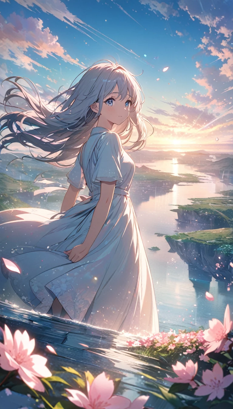 best quality,4k,8k,highres,masterpiece:1.2,ultra-detailed,(ultra-fine painting:1.1),(sharp focus:1.1),,(extreme detail description:1.1),(professional:1.1),vivid colors,bokeh,portraits,landscape,anime,weathering with you,fantasy world,magical atmosphere,ethereal lighting,soft pastel colors,enchanting scenery,floating islands,sunlight streaming through clouds,shimmering water surface,wind-blown hair,detailed clouds and sky,expressive eyes,glowing stars in the background,sakura blossoms in the air,falling petals,beautiful raindrops,misty rain-filled air,dynamic perspective,serene emotions,tranquil mood anime girls
