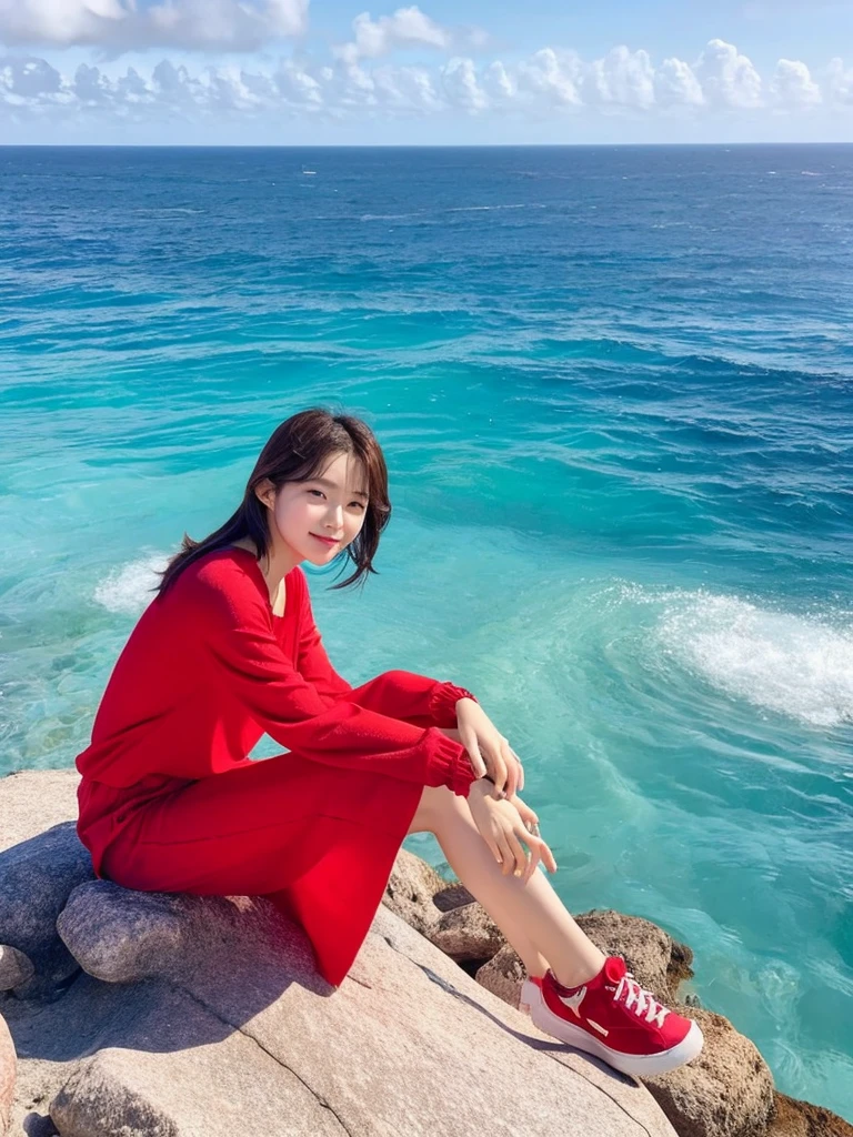 a korean woman poses sitting on a rock in red casual clothes in the middle of the vast ocean, the sun is shining brightly and birds are flying in the sky