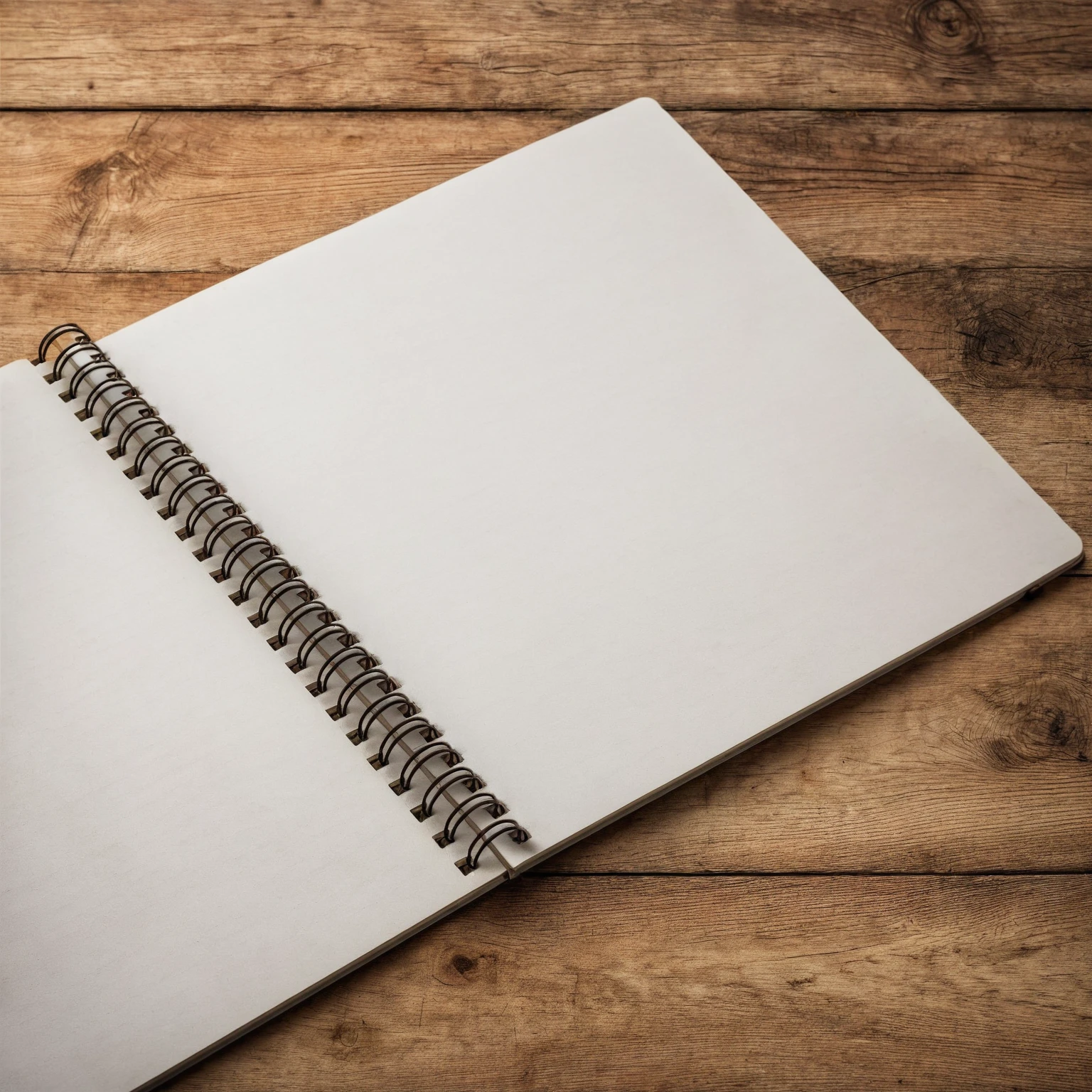 Mockup empty, a blank, white, empty spiral notebook lying on a vintage wooden desk