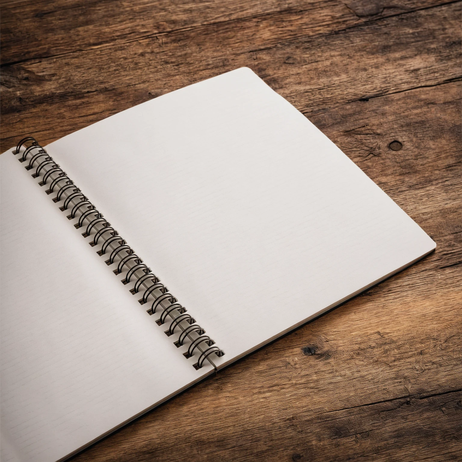 Mockup empty, a blank, white, empty spiral notebook lying on a vintage wooden desk