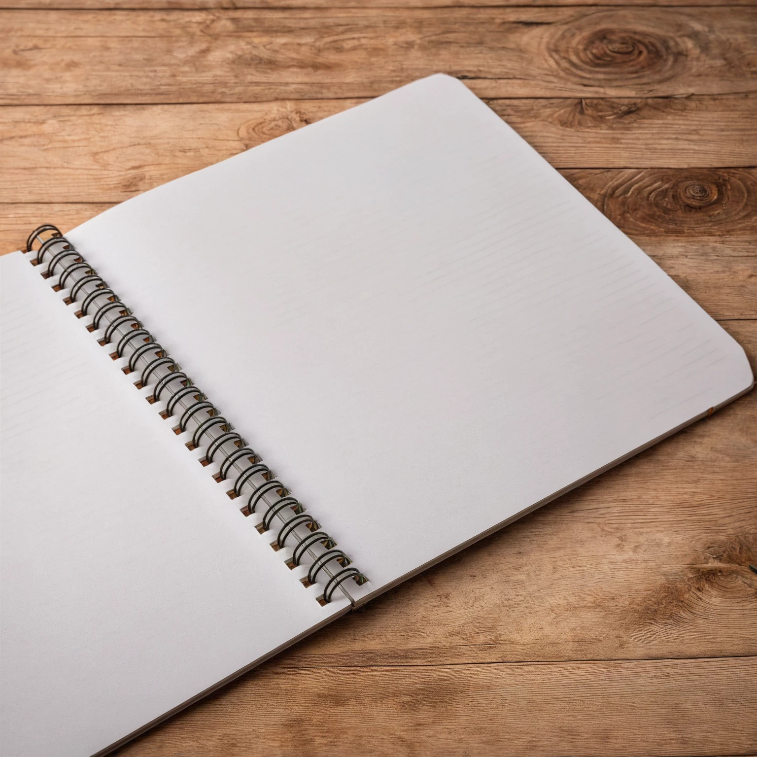 Mockup empty, a blank, white, empty spiral notebook lying on a vintage wooden desk