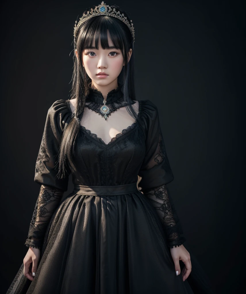 a mongolian princess girl,bangs black hair,standing,looking at to the viewer,(Very Detailed: 1.3),ultra realistic,HDR,(High Dynamic Range),8K RAW,(((1GIRL))),(((wearing black gown))),sad face,(((black background))),masterpiece,best quality,perfect proportion