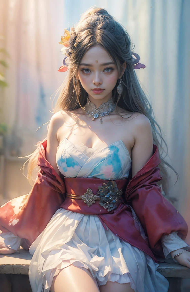 （（best qulity））， （（The Masterpiece））， （detail：1.4）， 3D， Beautiful cyberpunk female images，HDR（High dynamic range），light tracing，NVIDIA RTX，The ultra-Resolution，Unreal 5，sub-surface Scattering，PBR textures，Postprocess，Anisotropic filtration，deep of field，Maximum clarity and clarity，Multilayer Texture，Albedo e mapas Speculares，Surface Coloring，Mitsu-Accurate simulation of material interactions，perfectly proportioned，octane rendered，Two-colored light，Large aperture，Low ISO，White balance，Rule three points、8K RAW、beautiful bright pupils，Off-the-shoulder clothing，Fine pupils，Delicate face and eyes，long eyelash，Blushlush，Delicate and fluffy hair，Pink lips，Pure，Lovely，Sweet girl，Artistic sense，Casual wear，Premium Sense，weddingdress