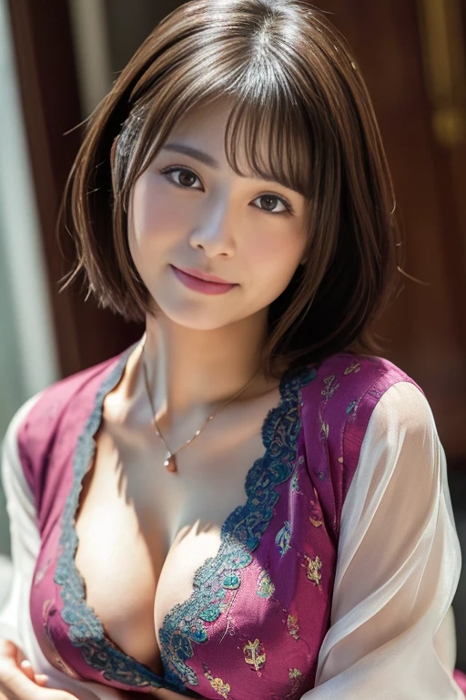 (RAW Photos), (Realistic), (masterpiece), (highest quality), High resolution, 8K resolution, (Intricate details), (Volumetric Light), Portraiture, woman,, short hair, Straight hair, Layered Hair, Brown haired, Highly detailed eyes, Source order, Very thin eyebrows, Highly detailed skin, Highly detailed mouth, Highly detailed nose, Cute like an idol, smile, ((Thick lips)), ((Look at the viewers)), (Elegant blouse)、Cleavage、Cleavage、The color of the clothes is up to you、The color of her underwear is see-through colorful、Nipples are visible,She emphasizes the size of her breasts with her hands、enduring pain、Ecstatic expression、
