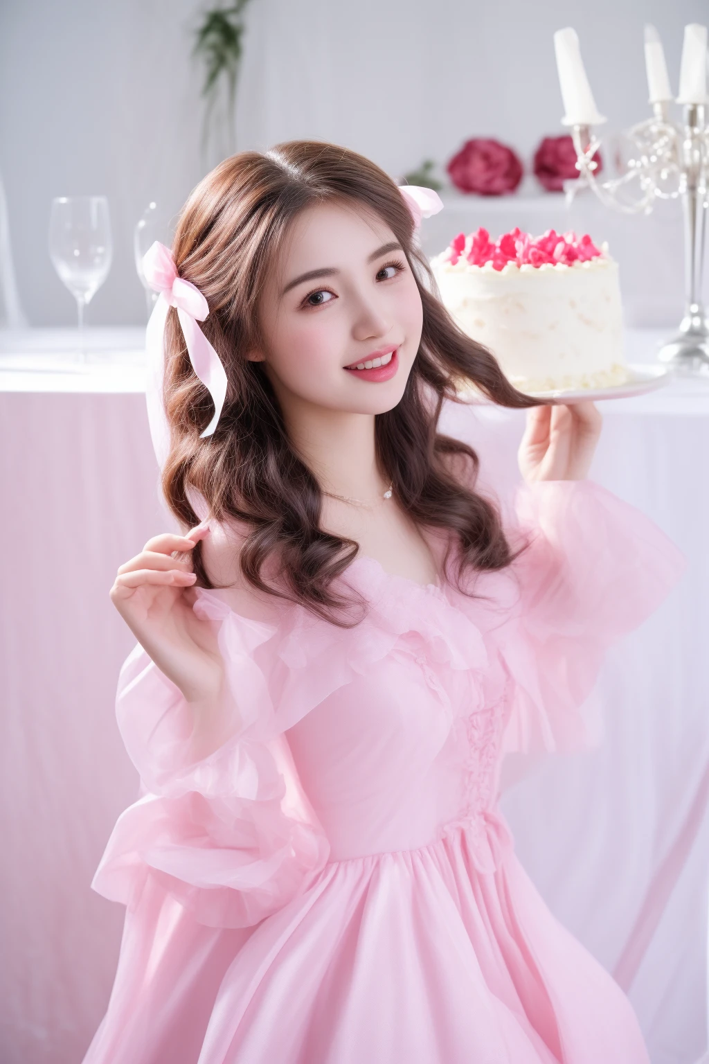 there is a woman in a pink dress holding a cake, belle delphine, portrait of magical ta girl, wearing pink floral gown, sakimichan, taken with canon eos 5 d mark iv, wearing a pink ballroom gown, chiho, high res, taken with canon eos 5 d, wearing organza gown, photo taken with nikon d750