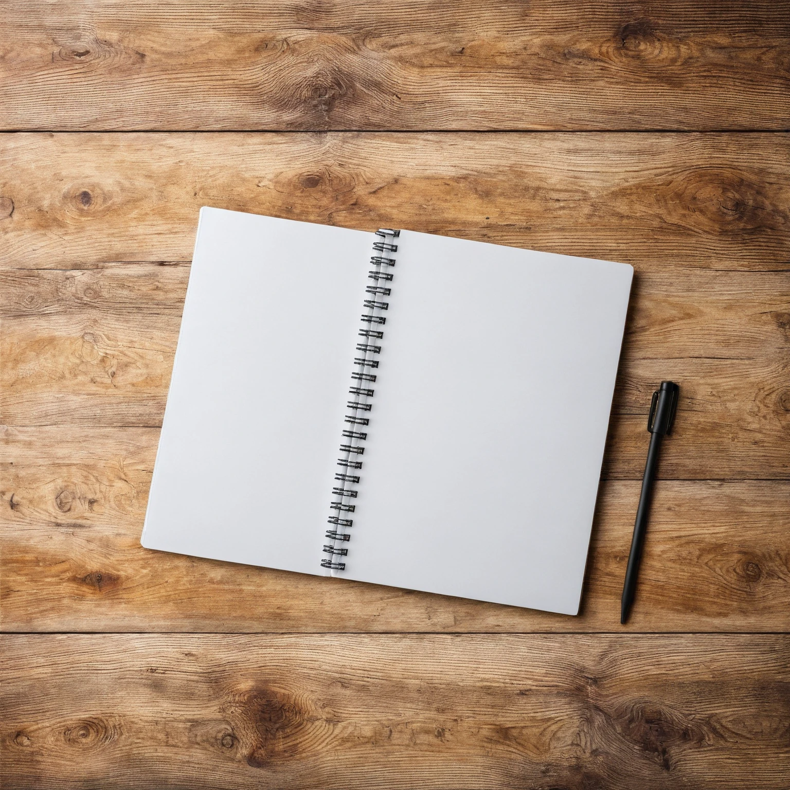 Mockup empty, a blank, white, empty spiral notebook lying on a vintage wooden desk, top view