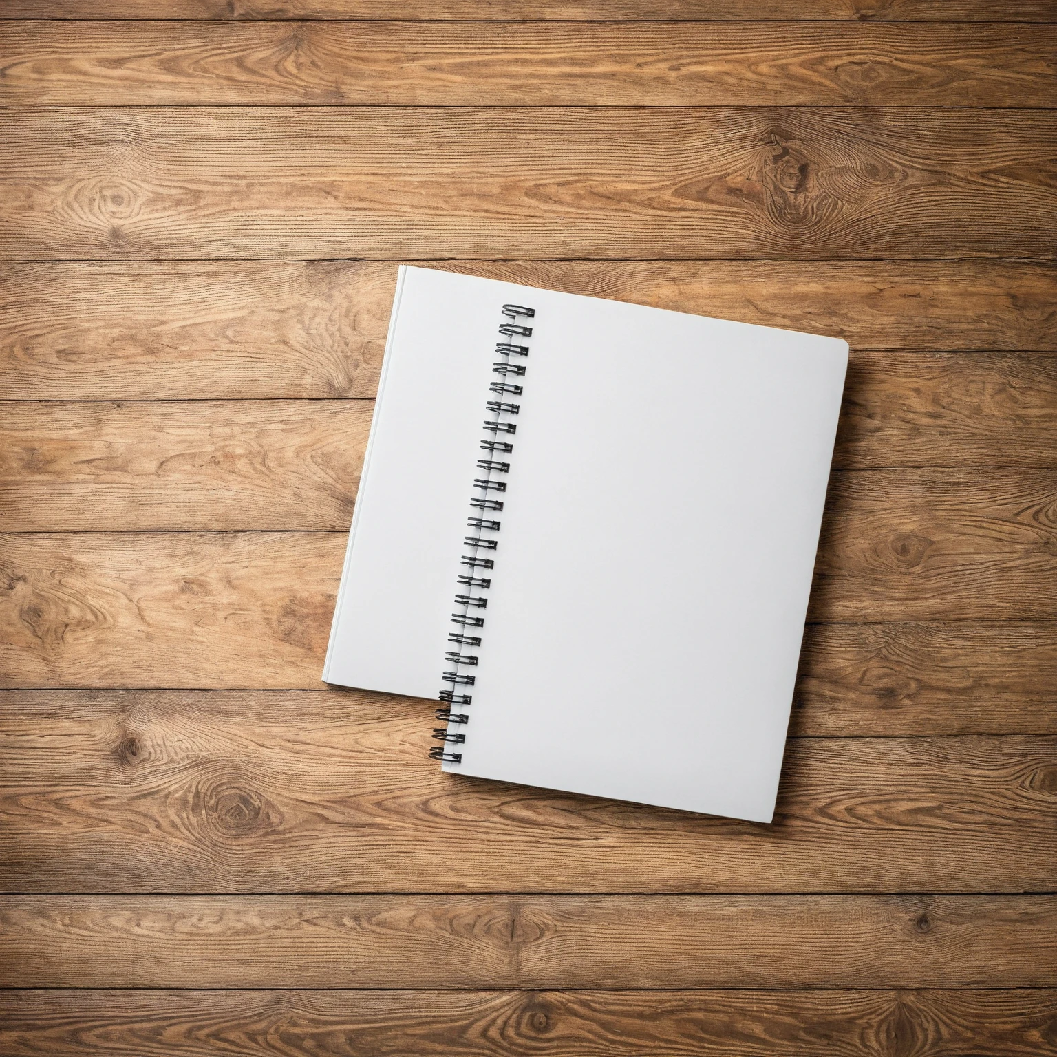 Mockup empty, a blank, white, empty spiral notebook lying on a vintage wooden desk, top view