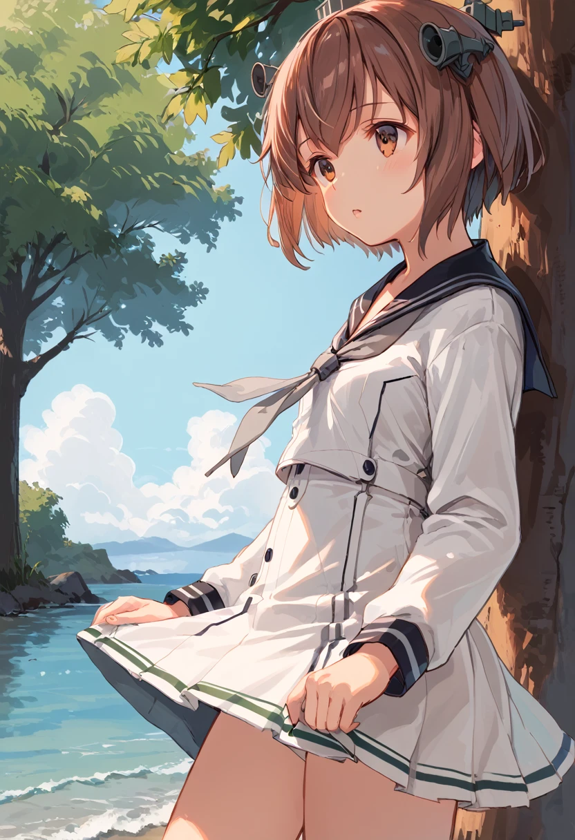 score_9,score_8_up,score_7_up,source_anime,cowboy shot,masterpiece,best quality,details background,extremely detailed,1girl,1girl,yukikaze (kancolle), brown hair, brown eyes,small breasts,short hair, sailor dress,dress,sailor collar,long sleeves,neckerchief,grey neckerchief,white dress,black sailor collar,look up.tree