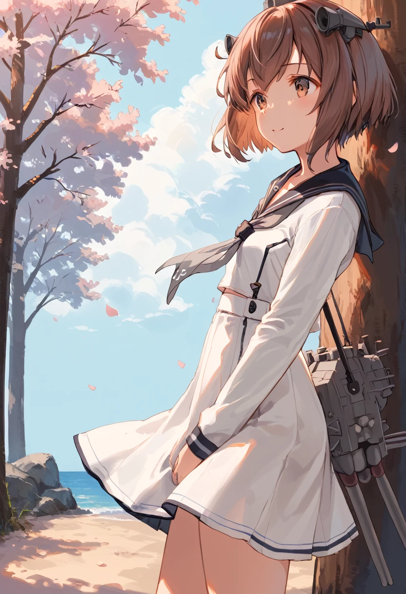 score_9,score_8_up,score_7_up,source_anime,cowboy shot,masterpiece,best quality,details background,extremely detailed,1girl,1girl,yukikaze (kancolle), brown hair, brown eyes,small breasts,short hair, sailor dress,dress,sailor collar,long sleeves,neckerchief,grey neckerchief,white dress,black sailor collar,look up.tree