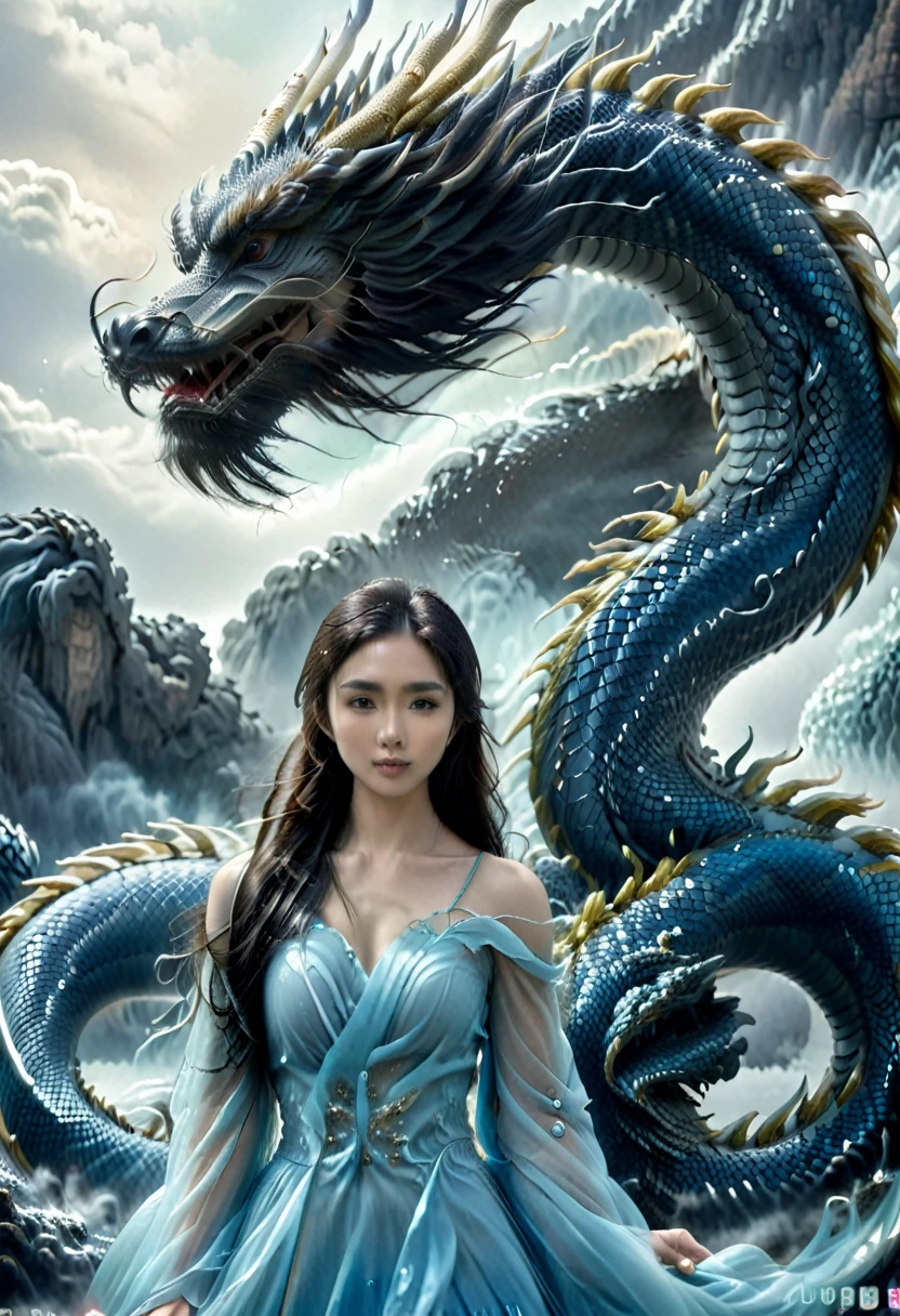 Asian brunette young woman standing with a muscular man with a beard, blue asian dragon, fantasy world, romance movie cover, romance book, romantic