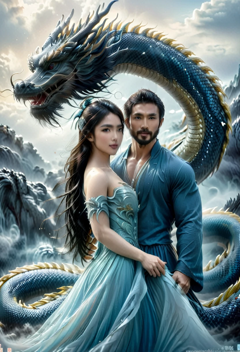 Asian brunette young woman standing with a muscular man with a beard, blue asian dragon, fantasy world, romance movie cover, romance book, romantic