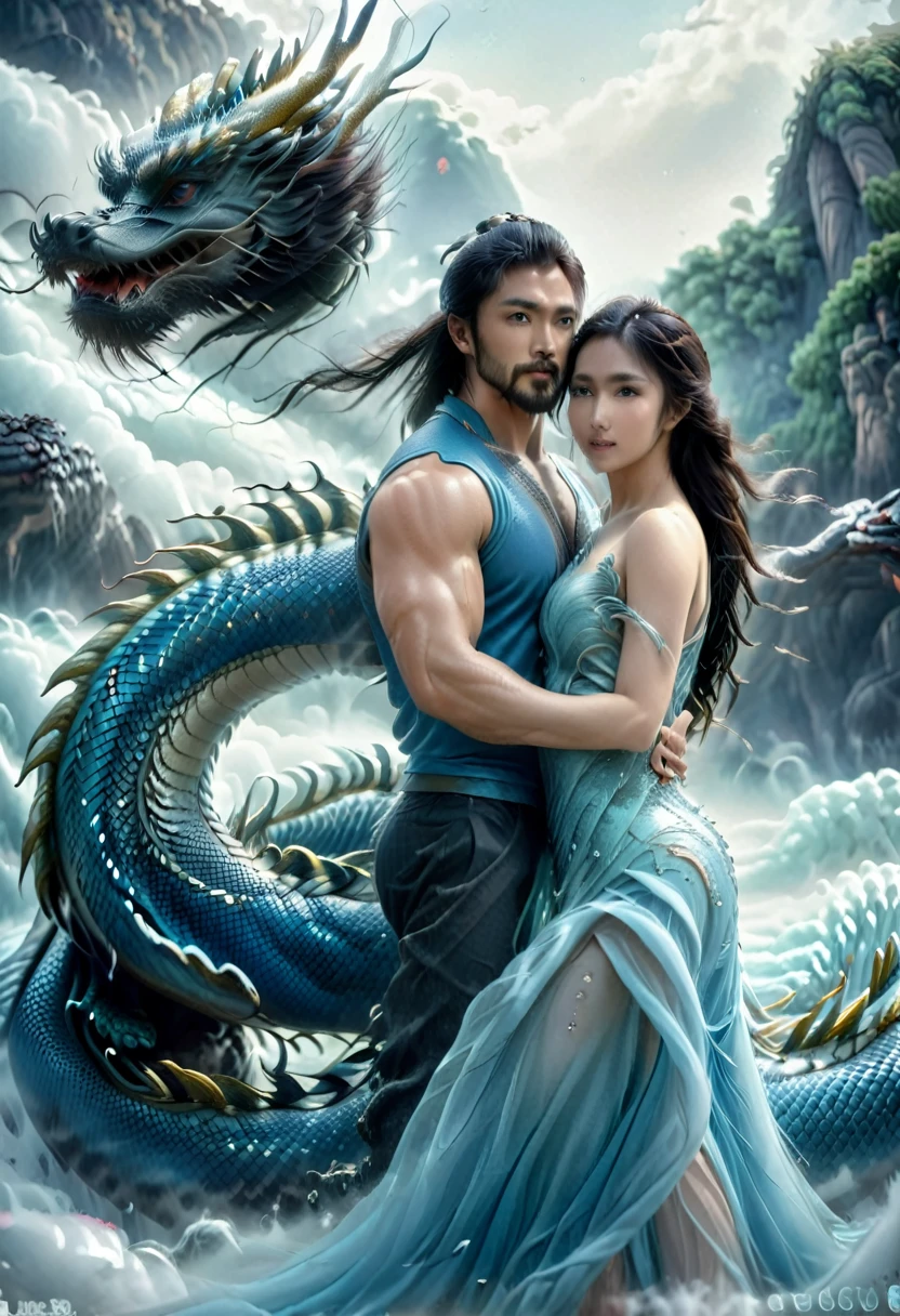 Asian brunette young woman standing with a muscular man with a beard, blue asian dragon, fantasy world, romance movie cover, romance book, romantic