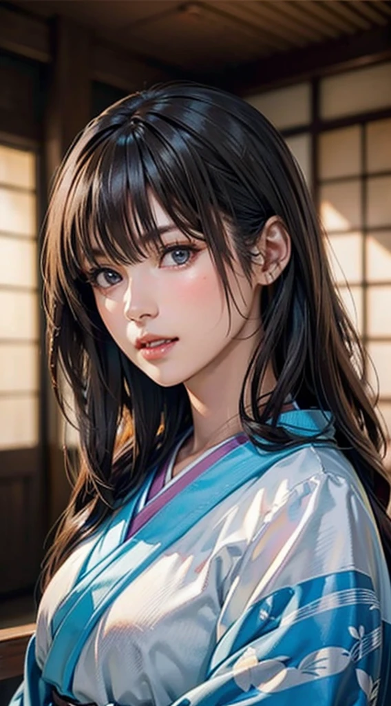 (Realistic)、(Realistic:1.2)、(High resolution)、Very detailed、Very beautiful face and eyes、1 girl、Delicate body、(highest quality、Attention to detail、Rich skin detail)、(highest quality、8k、Oil paint:1.2)、Very detailed、(Realistic、Realistic:1.37)、Bright colors、Full Body Shot,black_hair, Beautiful 8k eyes,Looking_in_Audience,One person in,Are standing,((Very beautiful woman, Fuller lips, Japanese pintern kimono))、((Colorful Japanese kimono)))、(((blackhair)))、(((Blunt bung,long straight hair)))、((( Inside an old Japanese house with a (short focus :1.4),)))、(masterpiece, highest quality, highest quality, Official Art, beautifully、aesthetic:1.2),(Fractal Art:1.3),Sengoku period、Greg Rutkowski Written by Alphonse Mucha Ropp,short ,uchikake,nishijin ori,(realistic light and shadow), (real and delicate background),(muted colors, dim colors, soothing tones:1.3), low saturation, (hyperdetailed:1.2), (noir:0.4),drow,blurry_light_background, (vibrant color:1.2), cinematic lighting, ambient lighting,Single Shot,Shallow Focus,pink lip,blurry light background,