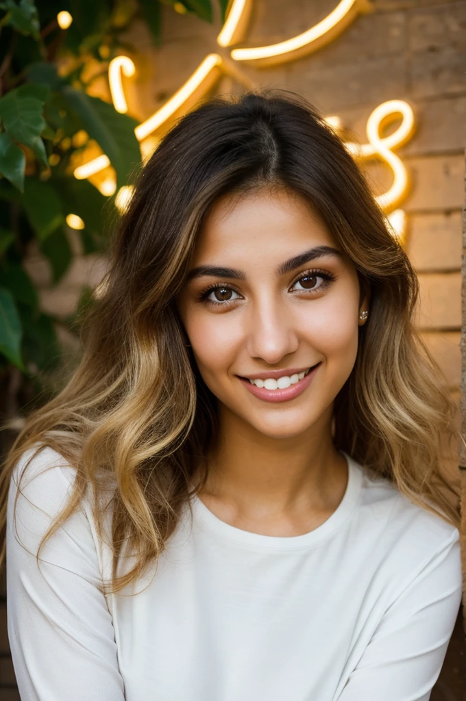 24YO,one attractive Jordanian women, light neon shirt, cute smile, cute face, white teethes, skinny face, light brown eyes, small nose, black/blonde long hair