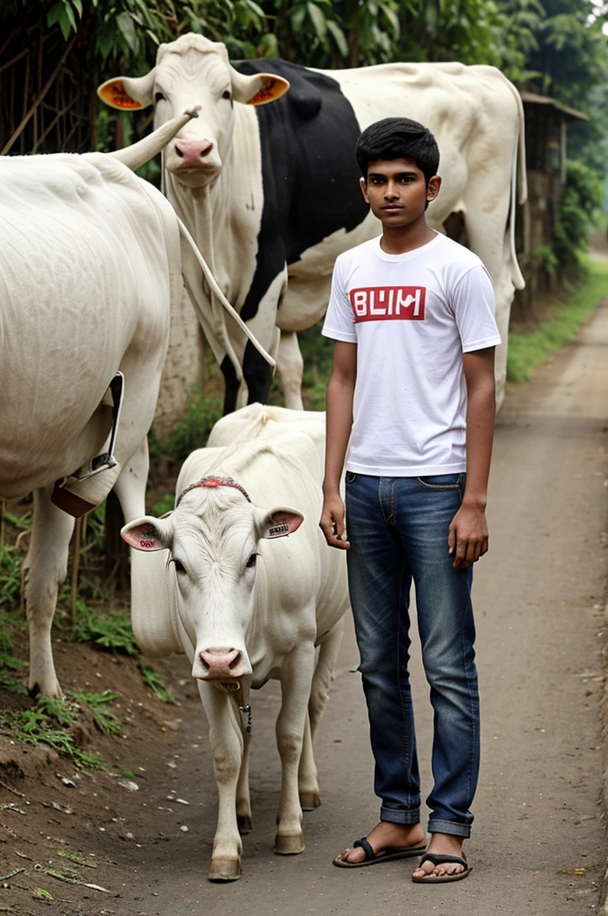 A 20-year-old Bangladeshi boy is standing on the village road with a white cow, the boy is wearing a t-shirt with the name Naim written on it, high quality