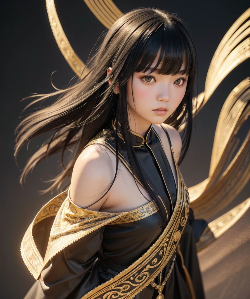 a mongolian princess girl,bangs black hair,standing,looking at to the viewer,(Very Detailed: 1.3),ultra realistic,HDR,(High Dynamic Range),8K RAW,(((1GIRL))),(((wearing black gown))),sad face,(((black background))),masterpiece,best quality,perfect proportion