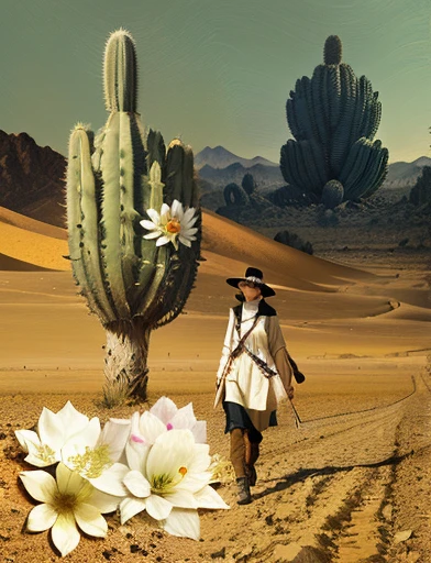 there is a woman walking in a desert with a cactus and flowers, surreal collage, a contemporary artistic collage, digital collage, desert flowers, ( collage ), desert of distortion, in the desert, in a surreal dream landscape, surreal scene, desert mirage, in a desert, at the desert, inspired by Hannah Höch, holding a cactus, on the desert