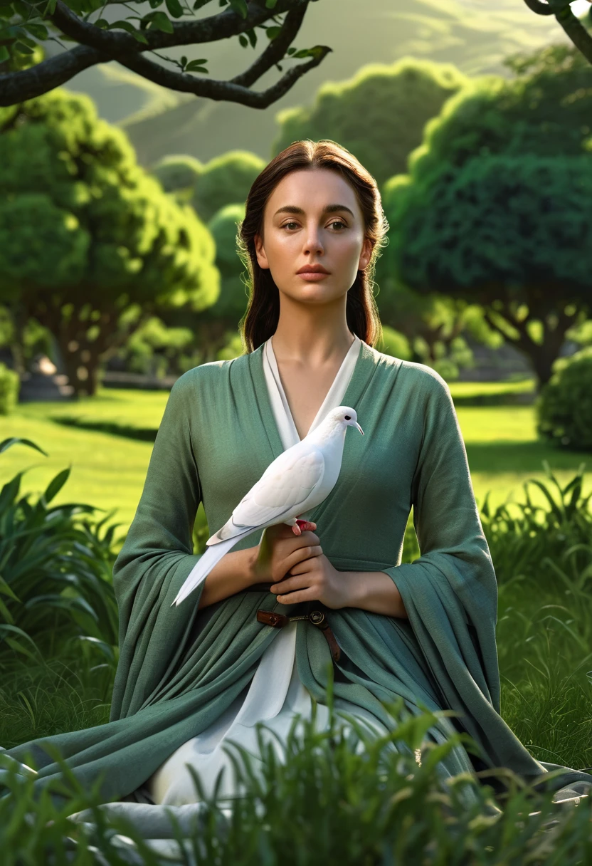 a woman holding a sword in her hand, a dove sitting on her hand, lush green landscape, highly symmetrical, (best quality,4k,8k,highres,masterpiece:1.2),ultra-detailed,(realistic,photorealistic,photo-realistic:1.37),detailed face and eyes, elegant pose, peaceful expression, dramatic lighting, serene atmosphere, natural setting, cinematic composition