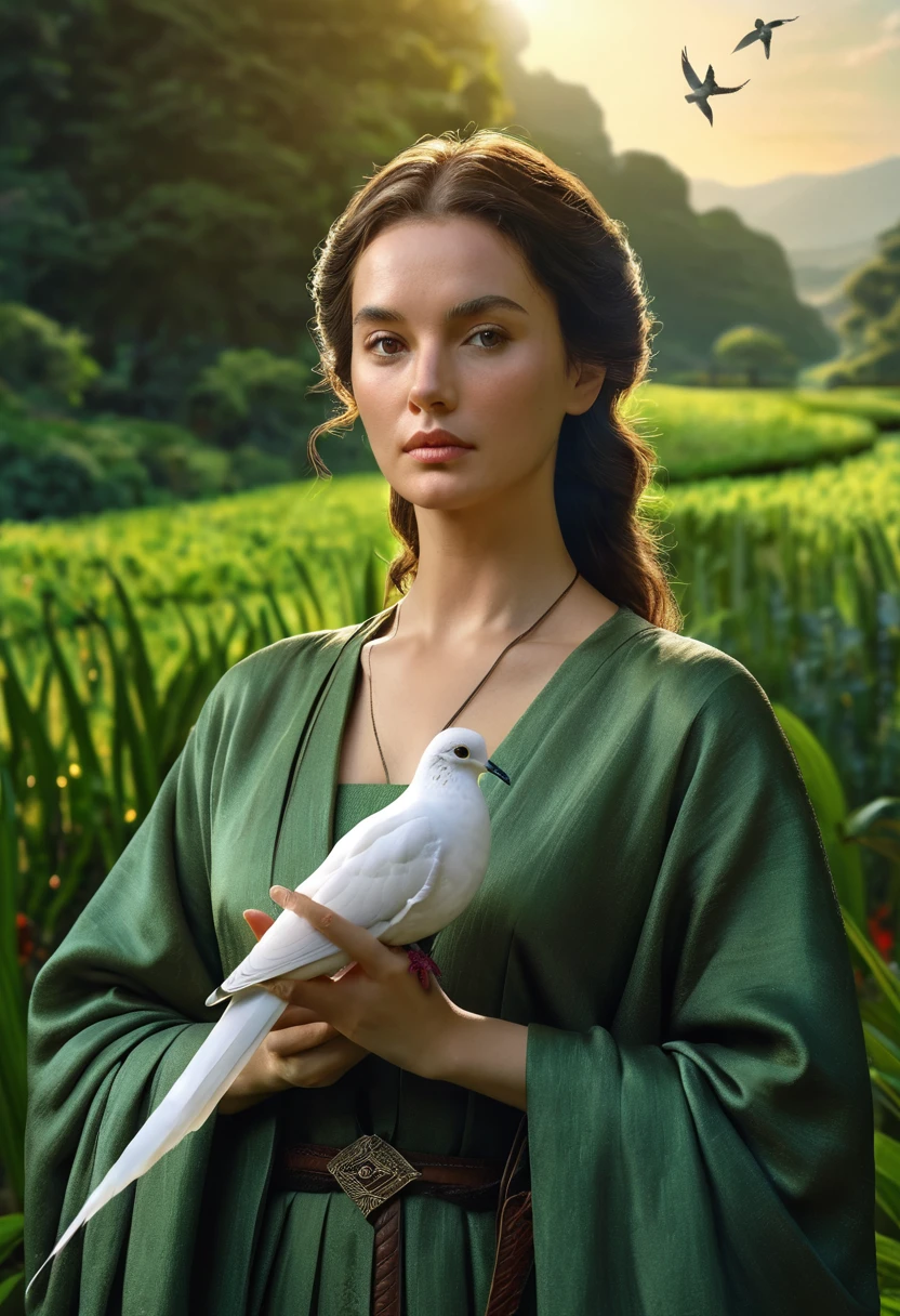 a woman holding a sword in her hand, a dove sitting on her hand, lush green landscape, highly symmetrical, (best quality,4k,8k,highres,masterpiece:1.2),ultra-detailed,(realistic,photorealistic,photo-realistic:1.37),detailed face and eyes, elegant pose, peaceful expression, dramatic lighting, serene atmosphere, natural setting, cinematic composition