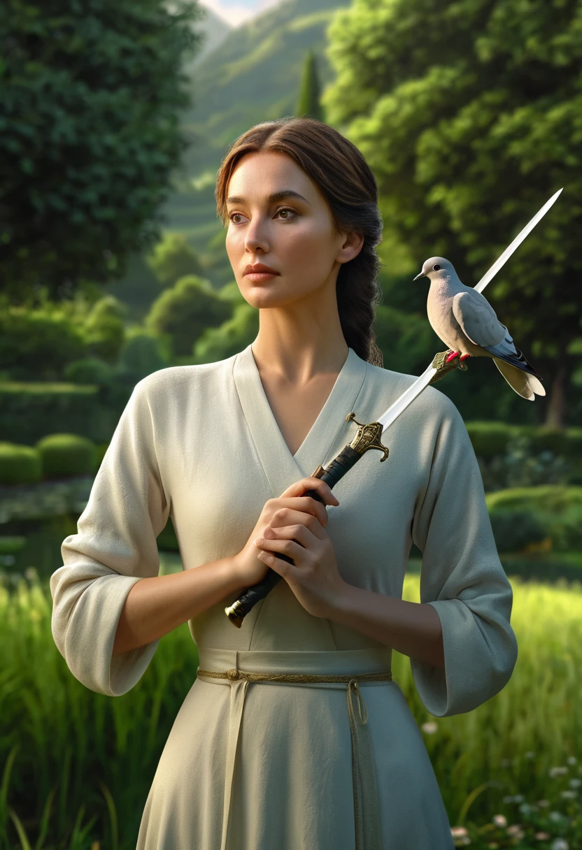 a woman holding a sword in her hand, a dove sitting on her hand, lush green landscape, highly symmetrical, (best quality,4k,8k,highres,masterpiece:1.2),ultra-detailed,(realistic,photorealistic,photo-realistic:1.37),detailed face and eyes, elegant pose, peaceful expression, dramatic lighting, serene atmosphere, natural setting, cinematic composition