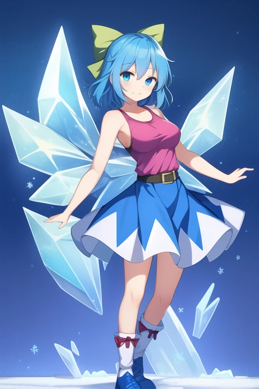 1girl, Touhou, Cirno, blue eyes, Blue hair, smiling expresion, playful, cute, dancing, ice land background, frozen frogs, full body, wide shot, blue female tank top, blue female shorts, blue female arm wear cloth, medium size breasts, iced blue breast armor, Iced blue armor belt, Ice boots
