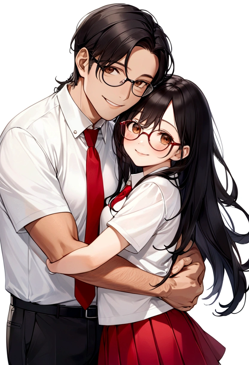 Draw an 11-year-old girl with long black hair, Brown eyes, White t-shirt with red tie and white skirt hugging her 40-year-old black-haired dad,piel medio morena,que use lentes,de Brown eyes ,white shirt and black pants and that they are both smiling 