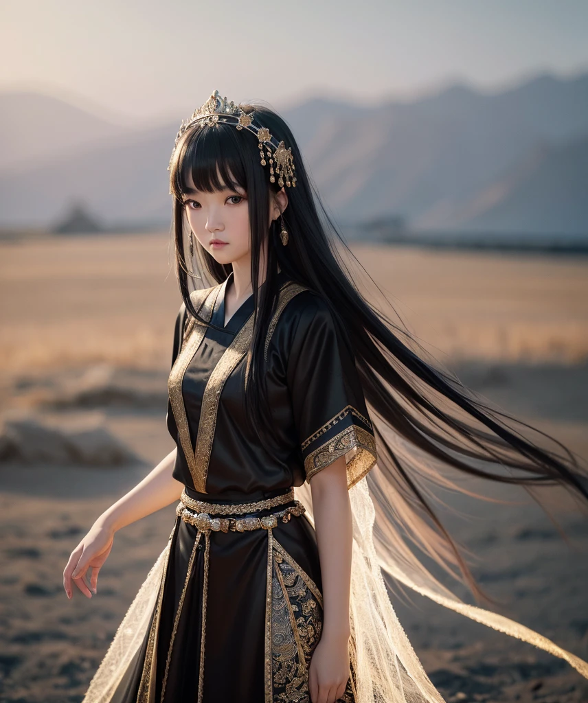 a mongolian princess girl,bangs black hair,standing,looking at to the viewer,(Very Detailed: 1.3),ultra realistic,HDR,(High Dynamic Range),8K RAW,(((1GIRL))),(((wearing black gown))),sad face,(((black background))),masterpiece,best quality,perfect proportion