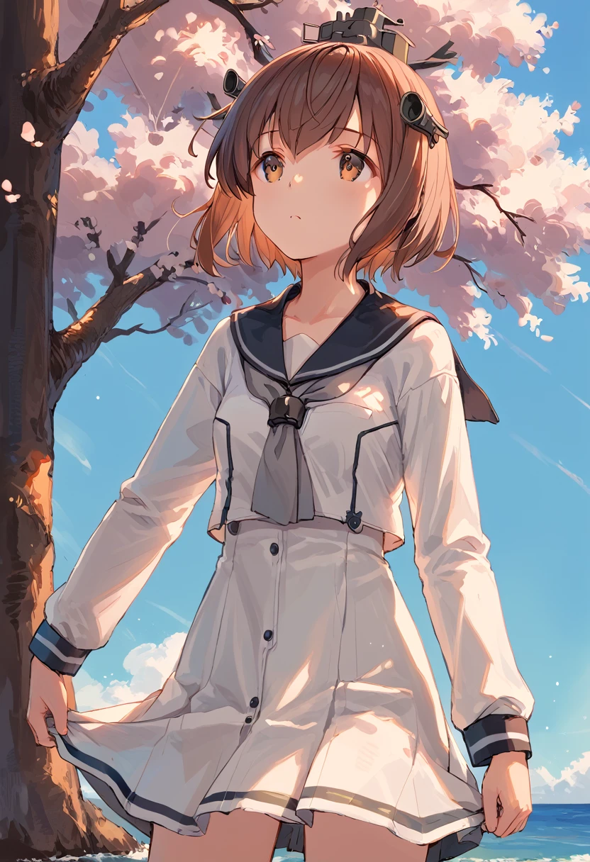 score_9,score_8_up,score_7_up,source_anime,cowboy shot,masterpiece,best quality,details background,extremely detailed,1girl,1girl,yukikaze (kancolle), brown hair, brown eyes,small breasts,short hair, sailor dress,dress,sailor collar,long sleeves,neckerchief,grey neckerchief,white dress,black sailor collar,look up.tree